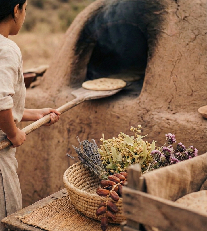 Galette enfournée dans un four en terre, panier de plantes séchées au premier plan