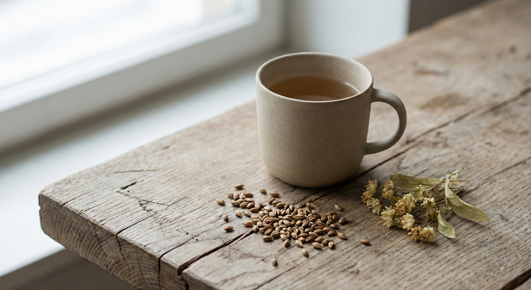 Tasse d'AGHRUM sur une table en bois près d'une fenêtre, grains d'orge et tilleul à côté