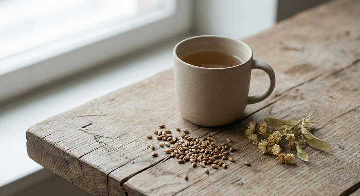 Tasse d'AGHRUM sur une table en bois près d'une fenêtre, grains d'orge et tilleul à côté