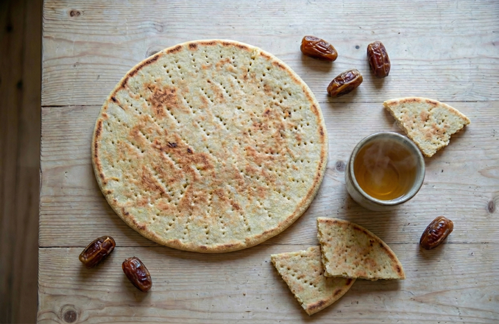 Galette de pain, dattes et tasse d'AGHRUM sur une table en bois