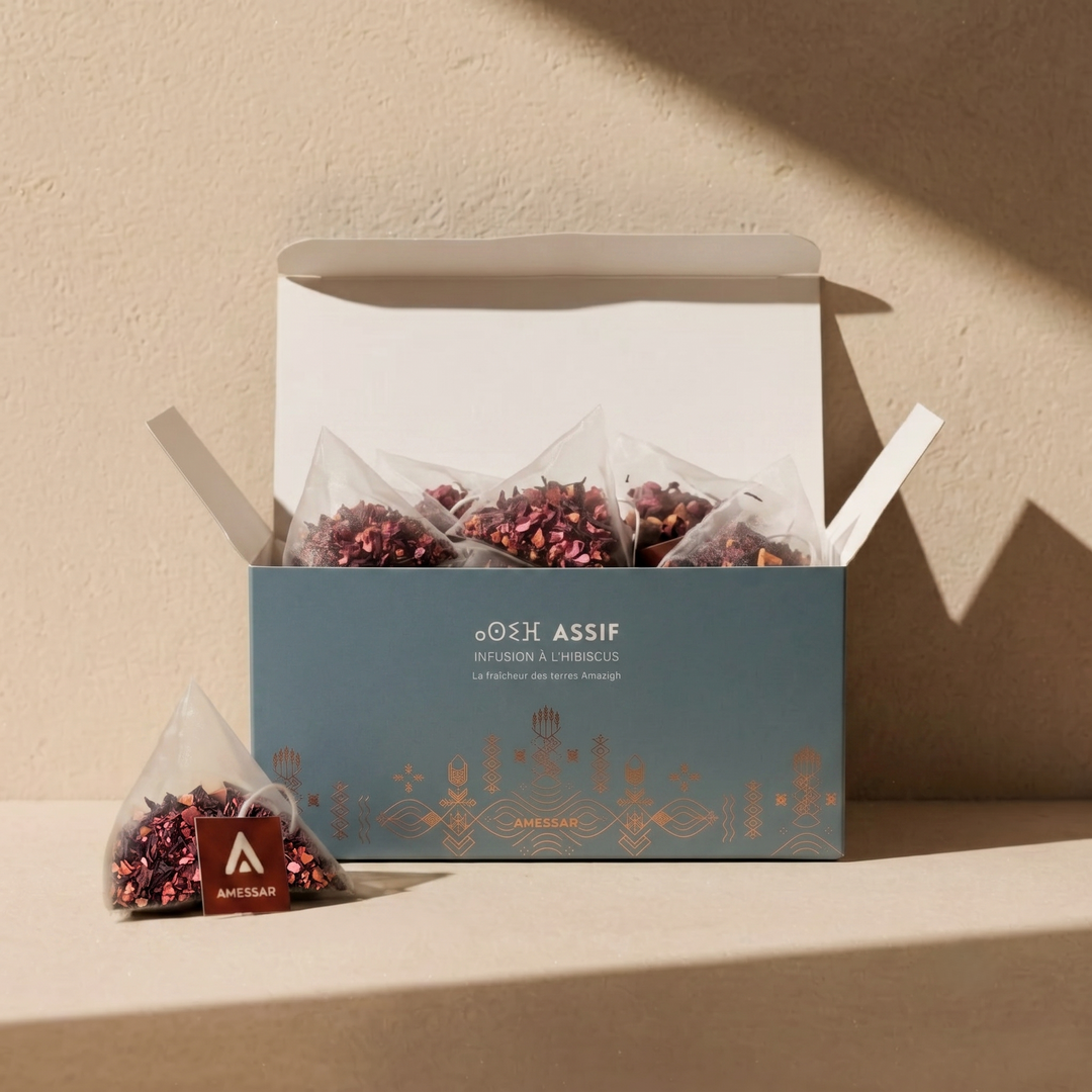ⴰⵙⵉⴼ ASSIF - Infusion à l'hibiscus, grenade, pomme, rose de damas et pétales de coquelicot (15 sachets individuels)