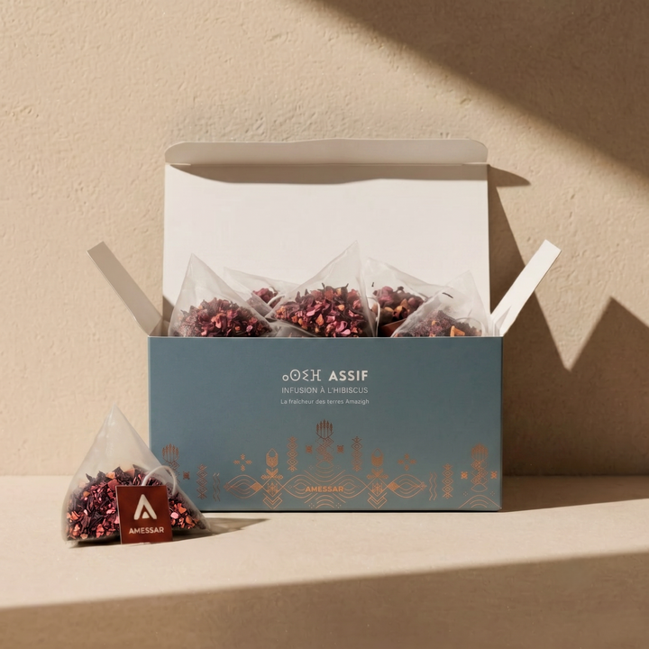 ⴰⵙⵉⴼ ASSIF - Infusion à l'hibiscus, grenade, pomme, rose de damas et pétales de coquelicot (15 sachets individuels)