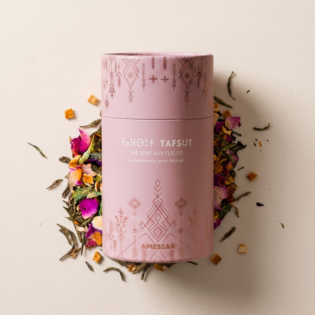ⵜⴰⴼⵙⵓⵜ TAFSUT – Thé vert aux fleurs –  Rose de damas, fleur d'oranger, écorce d'orange, verveine