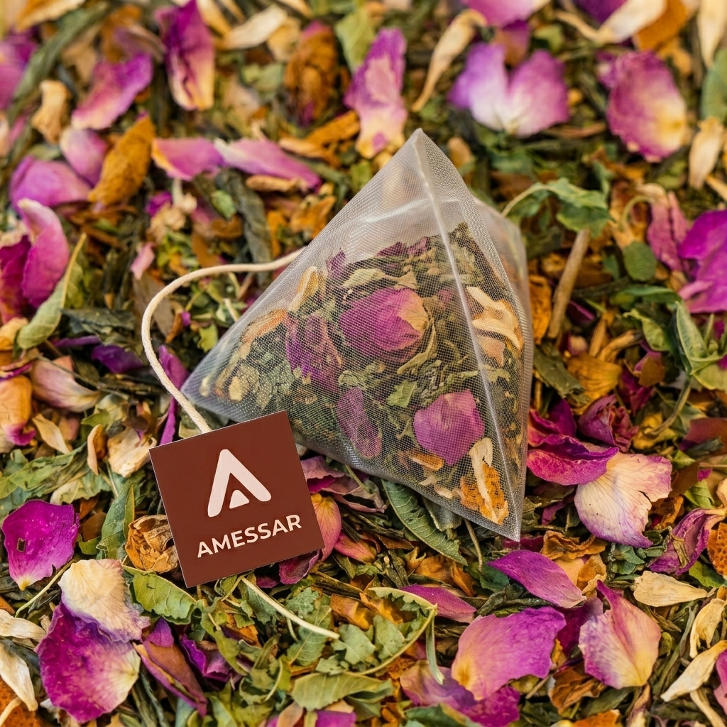 ⵜⴰⴼⵙⵓⵜ TAFSUT – Thé vert aux fleurs –  Rose de damas, fleur d'oranger, écorce d'orange, verveine (15 sachets individuels)