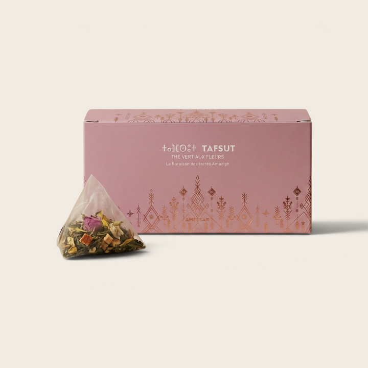 ⵜⴰⴼⵙⵓⵜ TAFSUT – Thé vert aux fleurs –  Rose de damas, fleur d'oranger, écorce d'orange, verveine