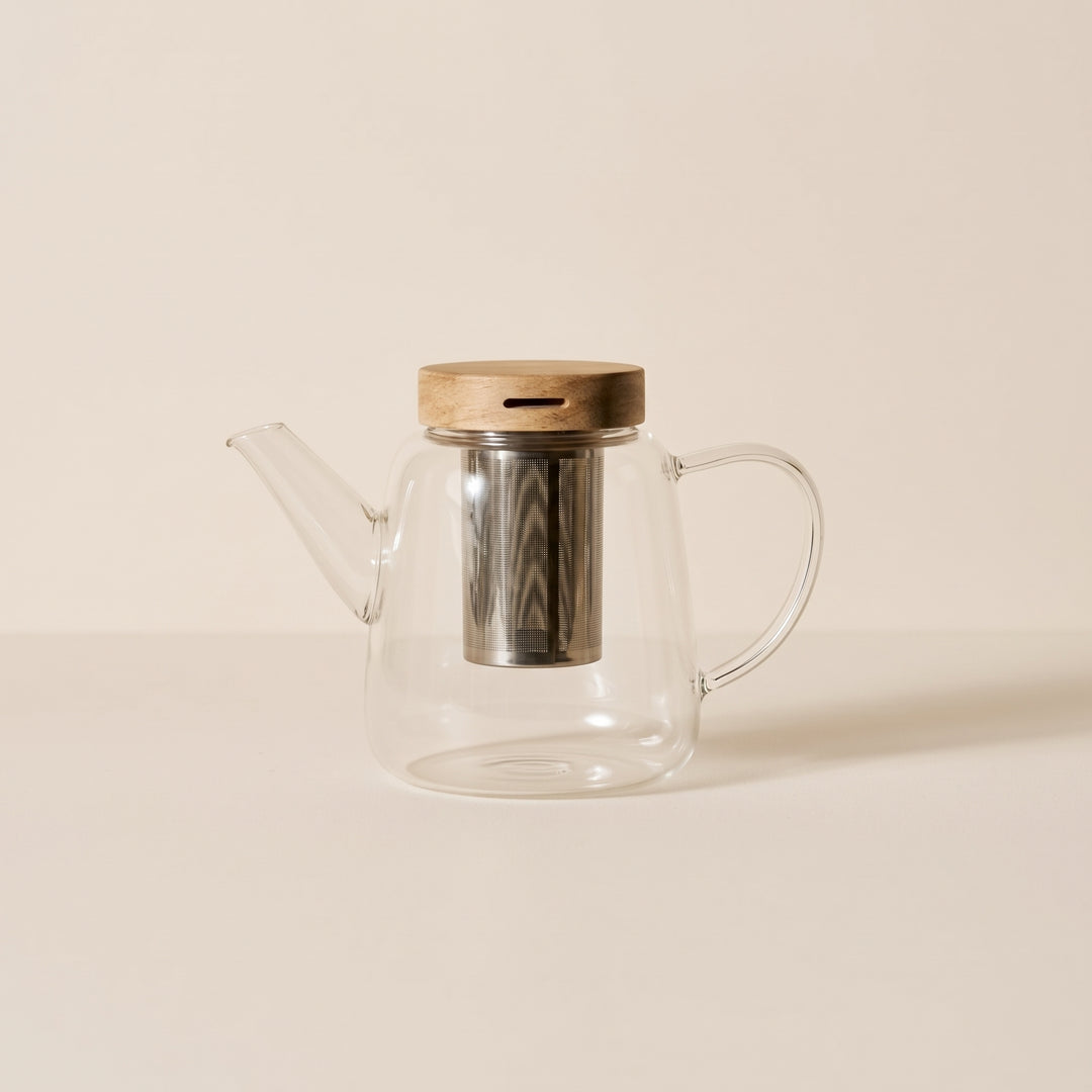 1L borosilicate glass teapot with wooden lid