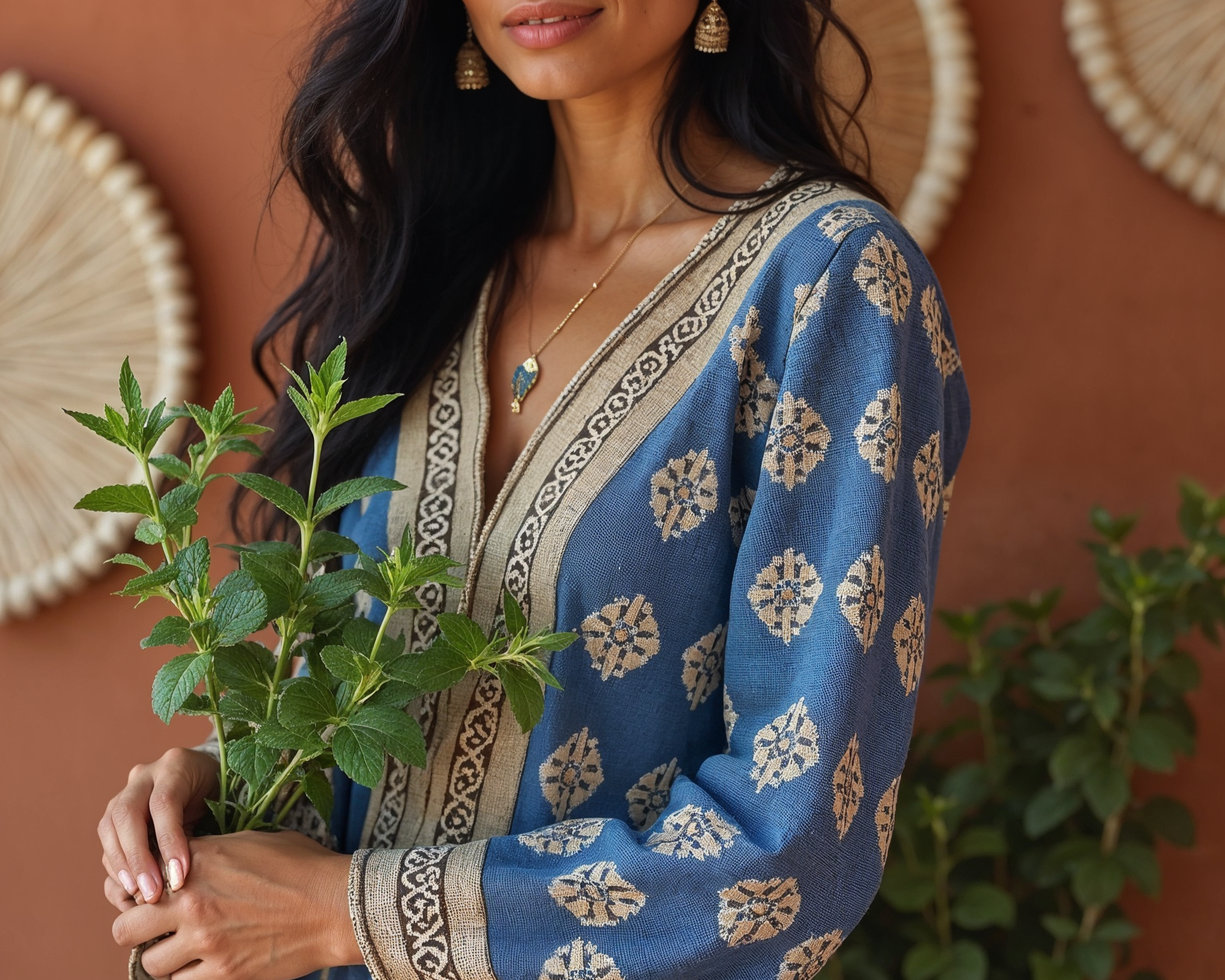 Thé vrac à la menthe amazigh berbère itri - flio - pouliot - menthe douce traditionnelle - Maison Amessar femme amazigh robe bleue traditionnelle bouquet de menthe