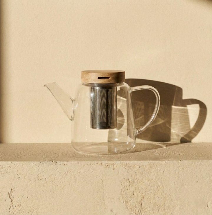 1L borosilicate glass teapot with wooden lid