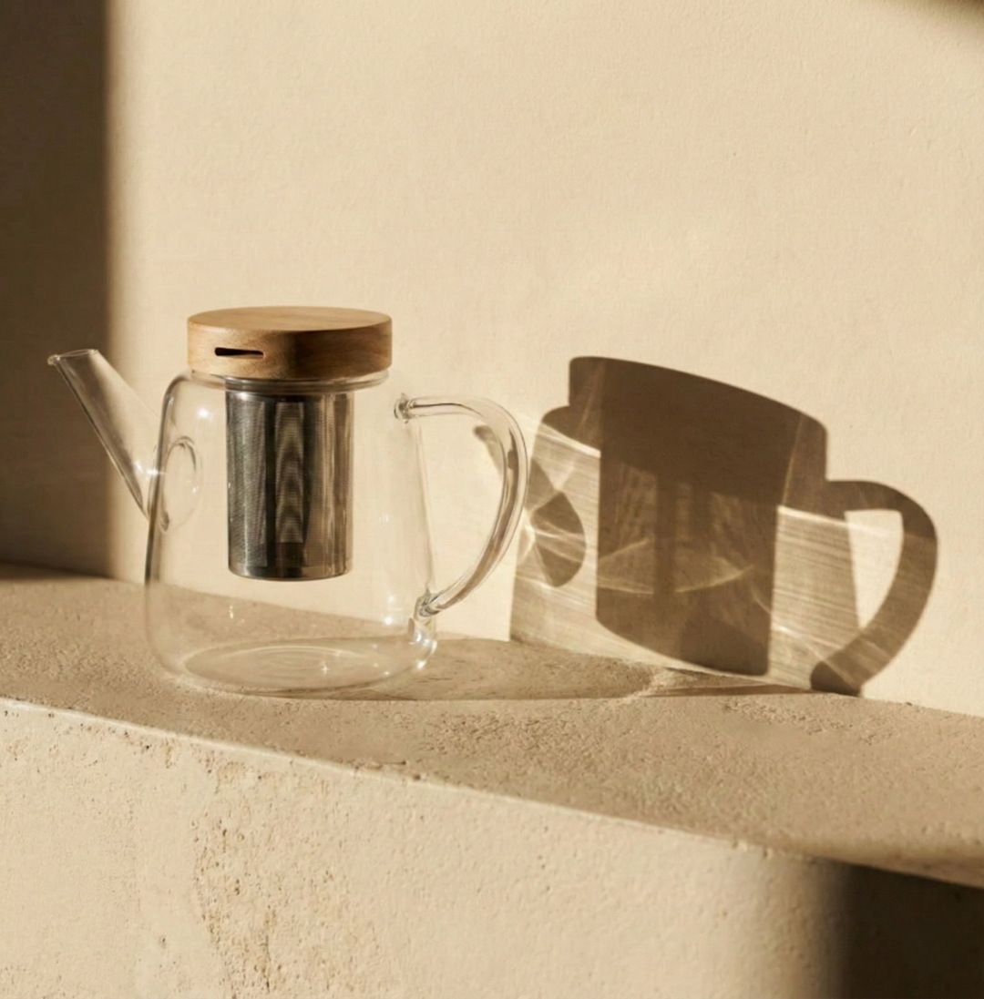 1L borosilicate glass teapot with wooden lid